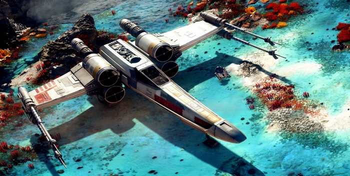 X-wing Starfighter and R2-D2 on alien planet