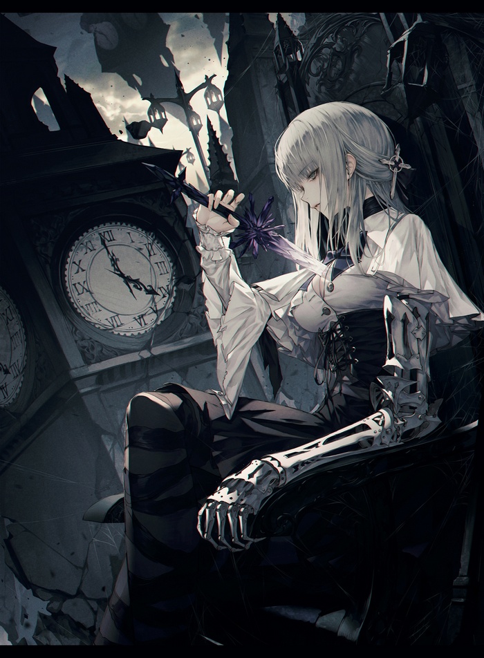 Girl with mechanical arm and sword near clock tower