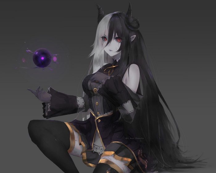 Demon girl with bicolored hair and horns casting magic