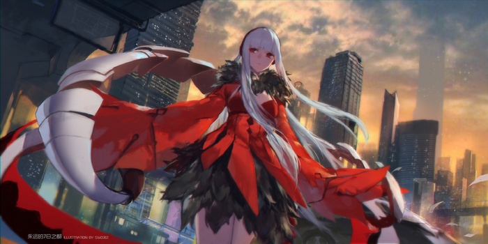 swd3e2, white hair, red dress, anime girls