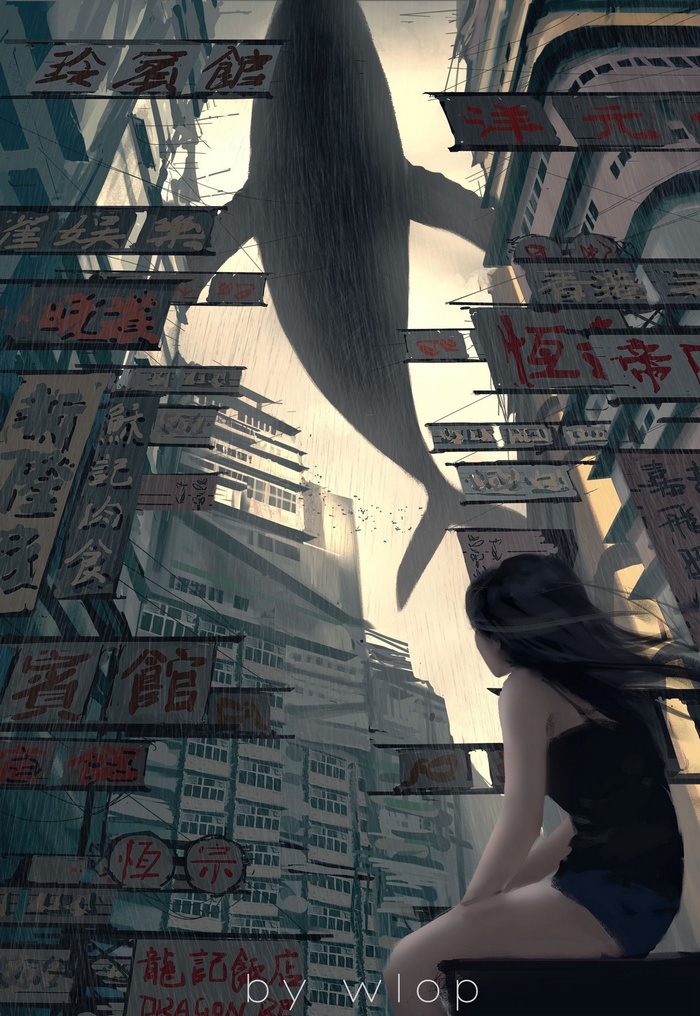 Whale in a city by WLOP