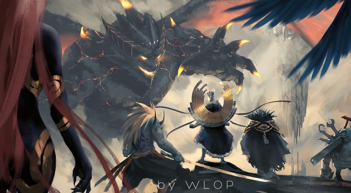 Fantasy art of a monster and warriors by WLOP