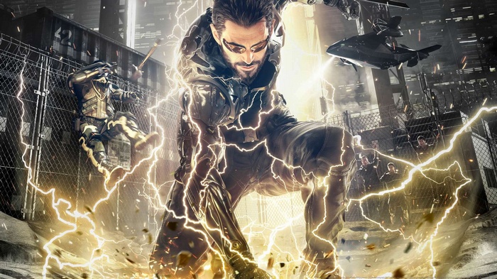 Adam Jensen from Deus Ex: Mankind Divided surrounded by lightning