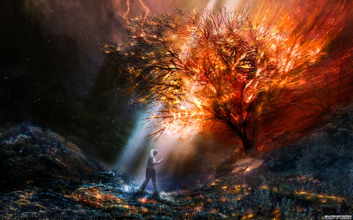 Burning tree with a person in a fantasy landscape