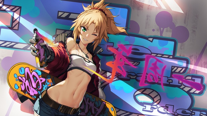 Mordred from Fate/Apocrypha with a skateboard and spray can