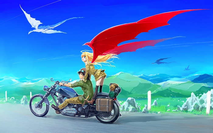 Rose and Ryūji from Dragon Crisis! on a motorcycle