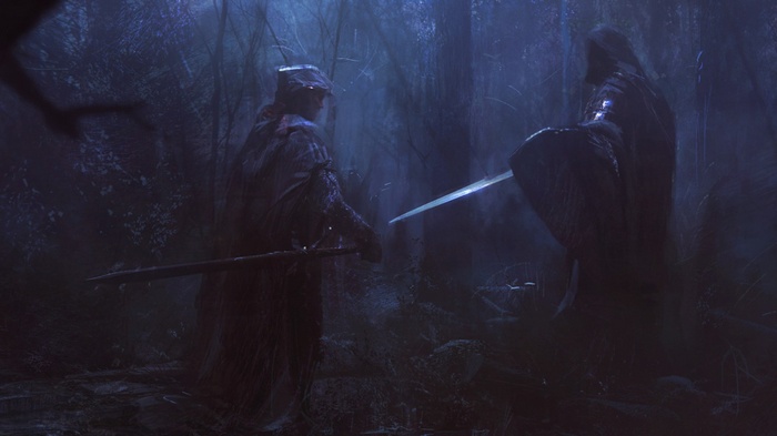 Two knights in armor with swords in a dark forest