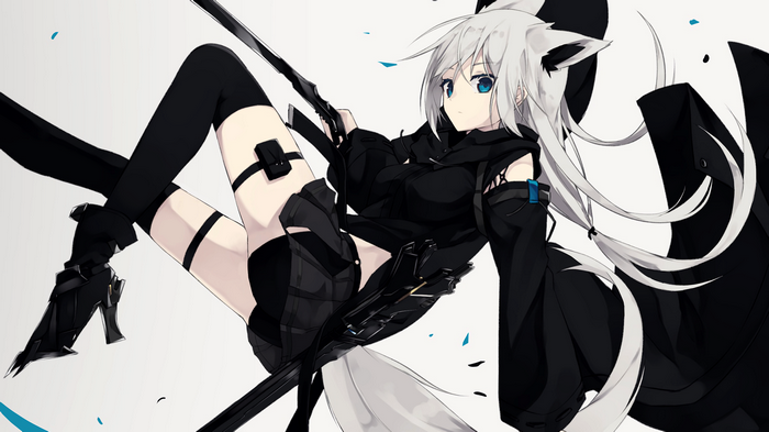 Anime girl with white hair and blue eyes holding a sword