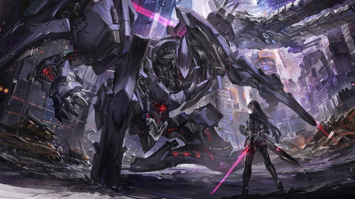 Giant robot and girl with sword in futuristic city