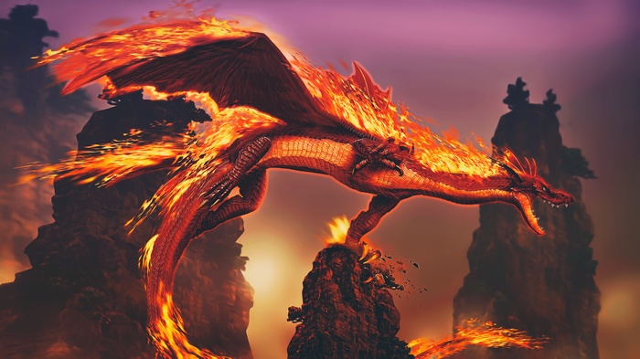 Fiery dragon flying over rocky outcrops