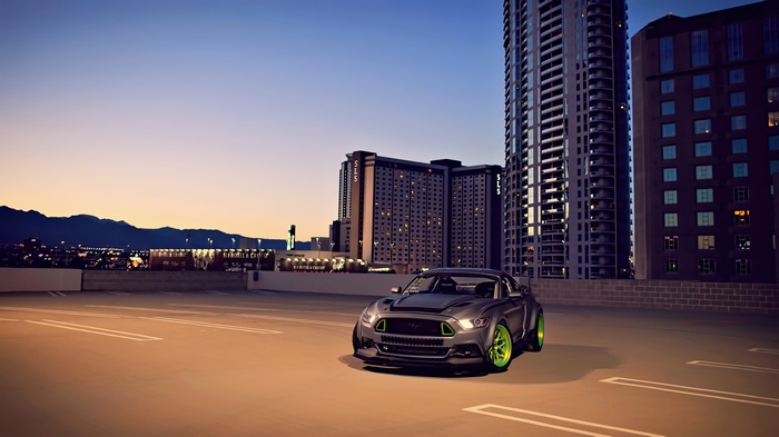 2015 Ford Mustang RTR in a city at sunset