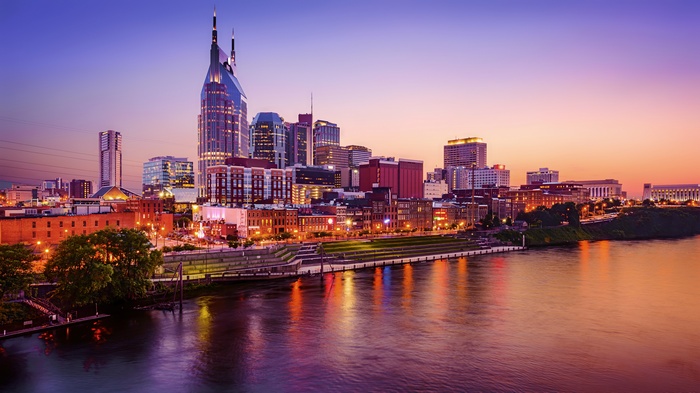 Nashville cityscape at sunset with river