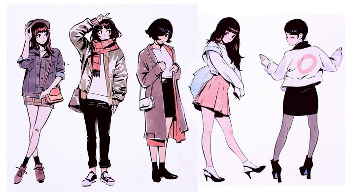Digital art manga sketch of five women in fashion outfits