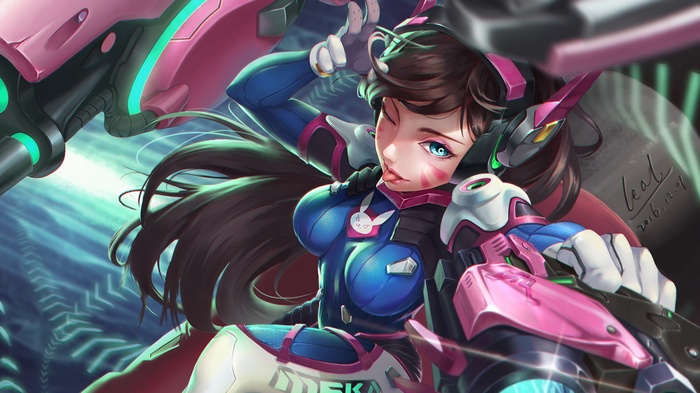 D.Va from Overwatch in a pink and blue mech suit