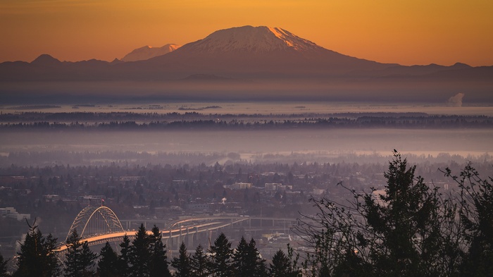Sunrise over Portland with Mount Hood and mist