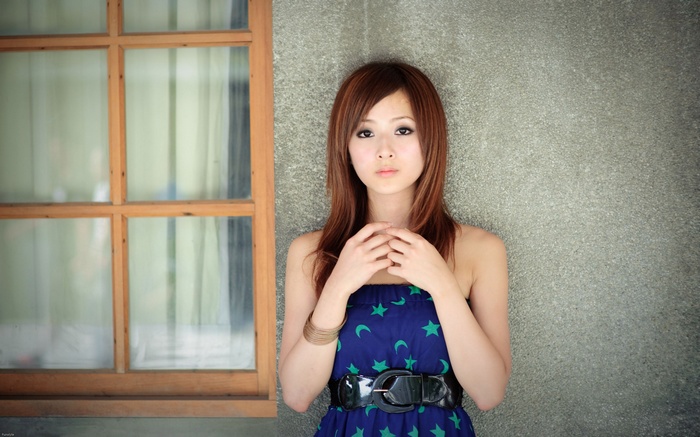 window, black eyes, Mikako Zhang Kaijie, model, women outdoors, women, belt, wall, bare shoulders, blue dress, brunette, Asian, long hair