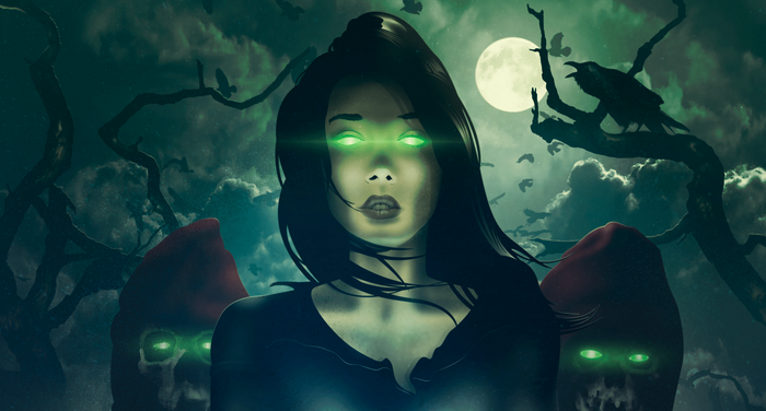 Fantasy artwork of a woman with green eyes and skeletal figures