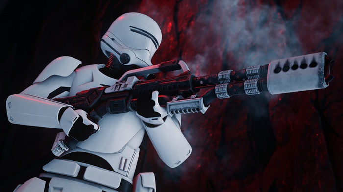 First Order Stormtrooper holding a heavy blaster rifle