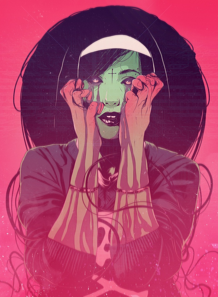 Fantasy art of a nun with green skin
