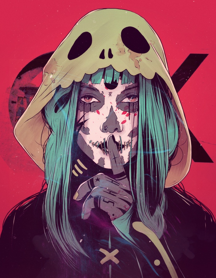 Woman with skull hood and skull face paint