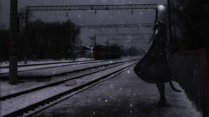 Anime girl at a snowy train station