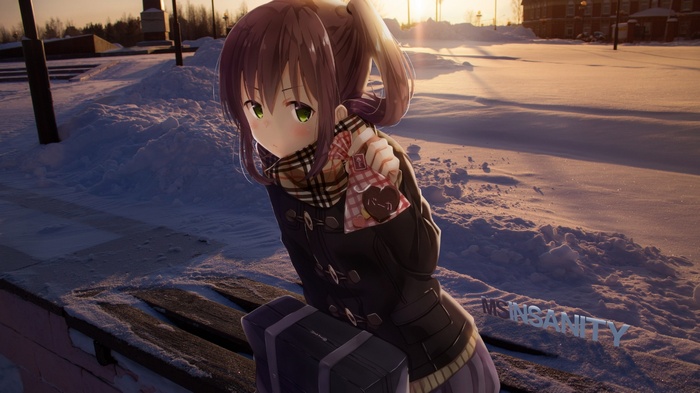 Anime girl with chocolate in the snow