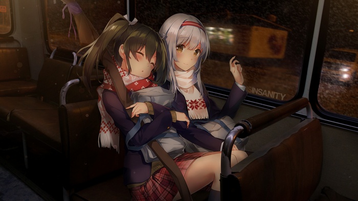 Two anime girls sleeping on a bus at night