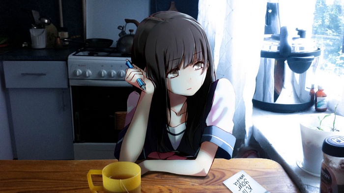 Anime girl with pen and tea in kitchen