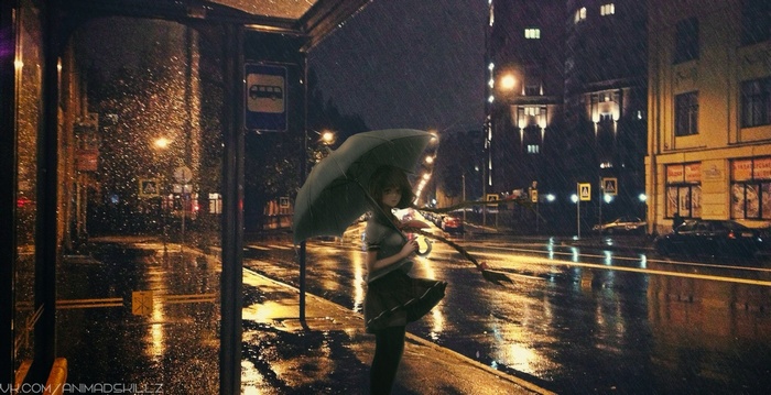 Anime girl with umbrella at night bus stop in the rain