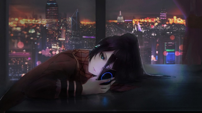 Anime girl with headphones looking at phone in city at night