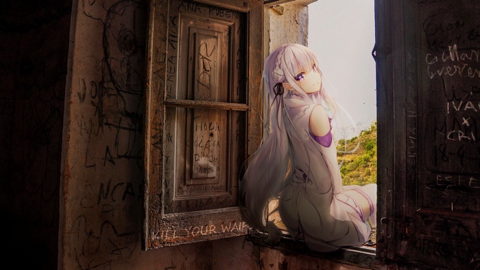 Emilia from Re:Zero sitting in a window