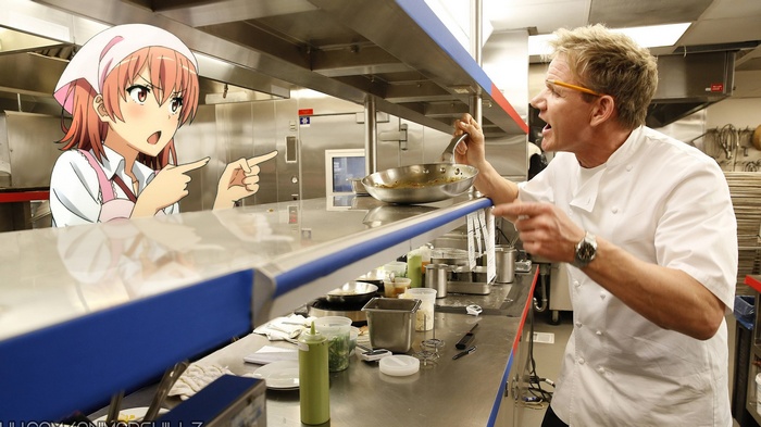 Gordon Ramsay and Yuigahama Yui from Yahari Ore no Seishun Love Comedy wa Machigatteiru in kitchen