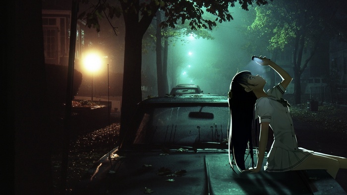 Anime girl with phone in abandoned street at night