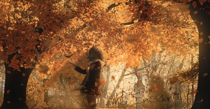 Anime girl in a fall forest