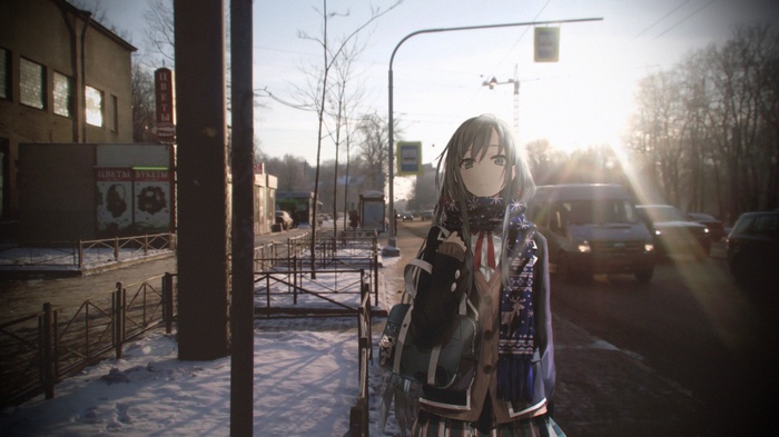 Anime girl with backpack on a snowy street