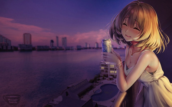 Anime girl with drink on balcony overlooking city at sunset