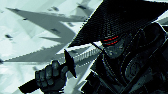 Cyborg samurai with red eyes and a sword