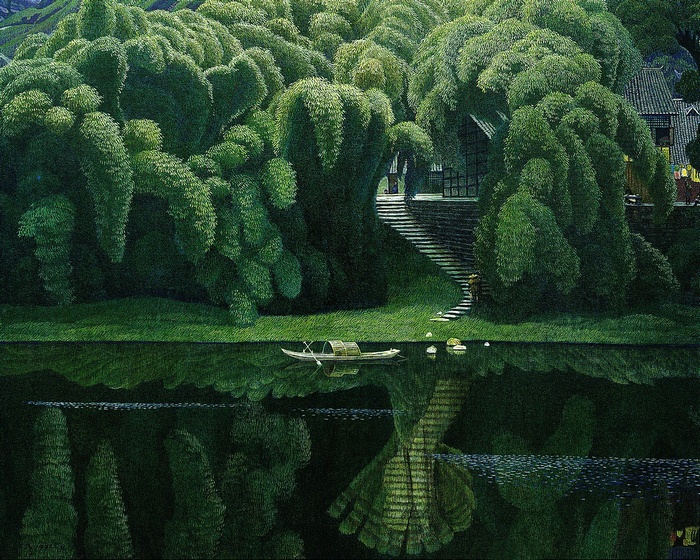 Painting of a tranquil river scene with bamboo and a boat