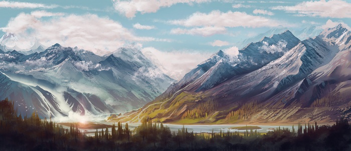 Digital painting of a mountain valley with a river and forest