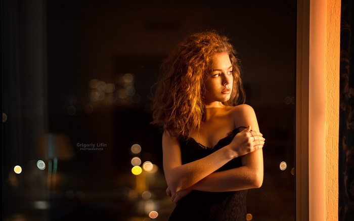 standing, redhead, looking away, no bra, long hair, women, warm colors, chemise, window, Grigoriy Lifin, Alina Zaslavskaya