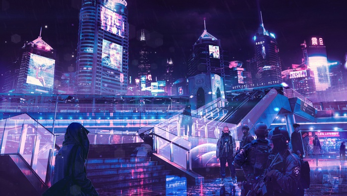 Cyberpunk city at night with neon lights and rain