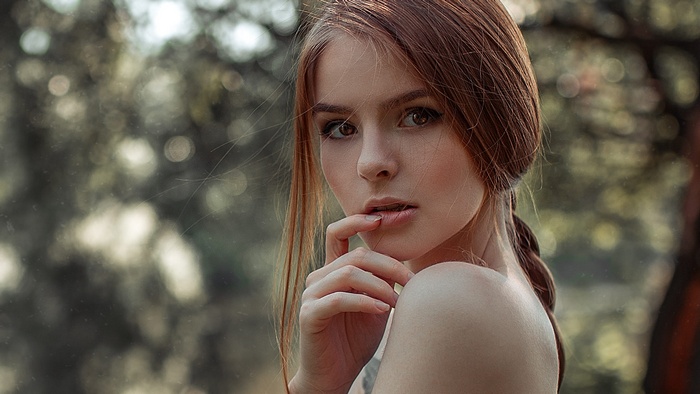 Portrait of Vasilisa Sarovskaya with finger on lips