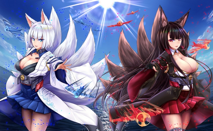 fox girl, tail, Akagi (Bilan Hangxian), Kaga (Azurlane), animal ears, Kaga (Bilan Hangxian), Azur Lane, Akagi (Azur Lane), cleavage