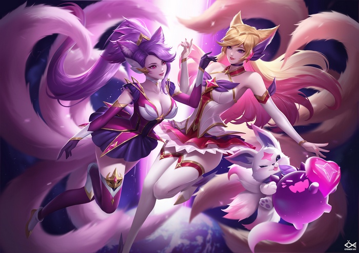 Two fox girls with tails and a small creature