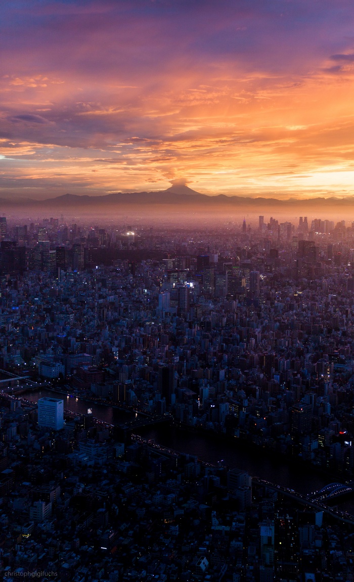 Tokyo cityscape at sunset with Mount Fuji on the horizon