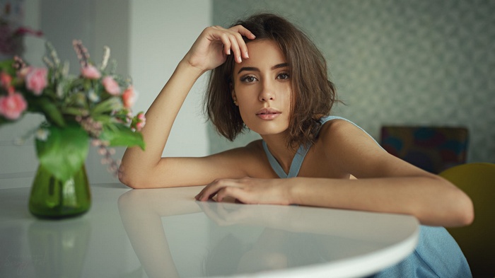 women, brown eyes, Eva Reber , brunette, Sergey Fat, tanned, face