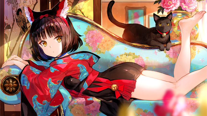 Anime girl with cat ears on a floral couch