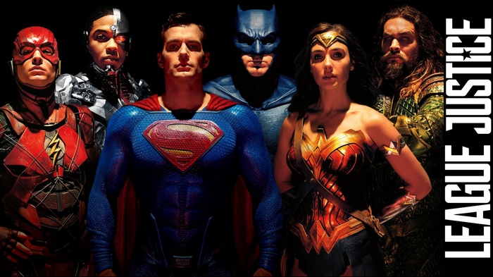Justice League movie poster with Aquaman, Cyborg, Flash, Superman, Batman, Wonder Woman
