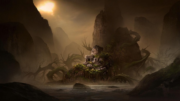 Ancient ruins on a mossy island surrounded by gnarled trees and mountains