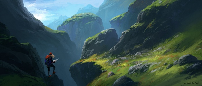 Hiker with map in a mountainous landscape